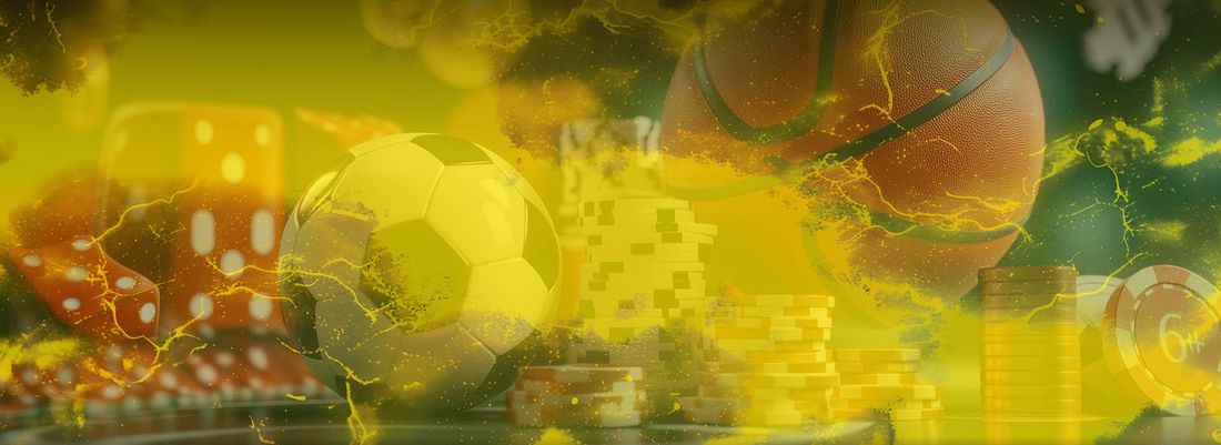 Balón de fútbol, pelota de básquet, dados y fichas de casino sobre fondo dorado