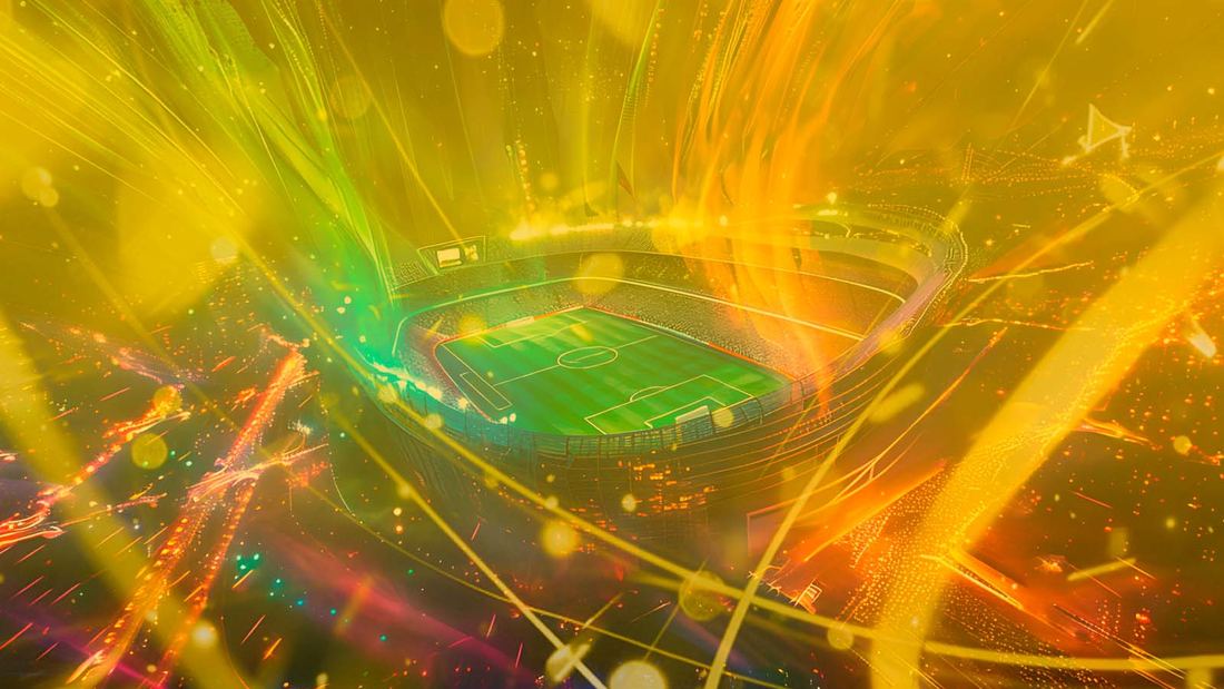 Estadio de fútbol iluminado entre destellos dorados y anaranjados